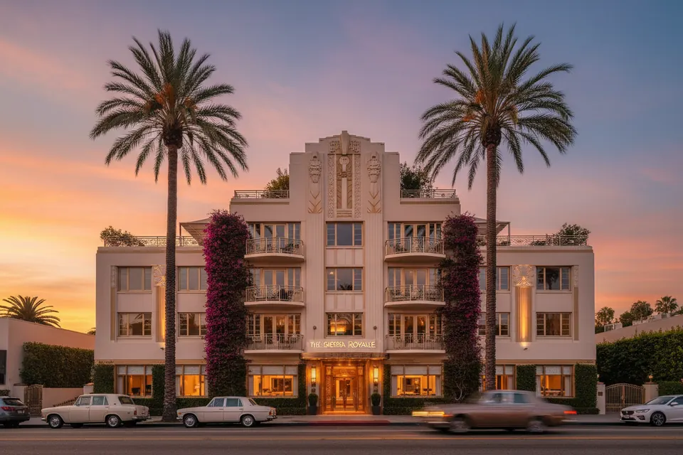 Art deco building with palm trees (design reference)